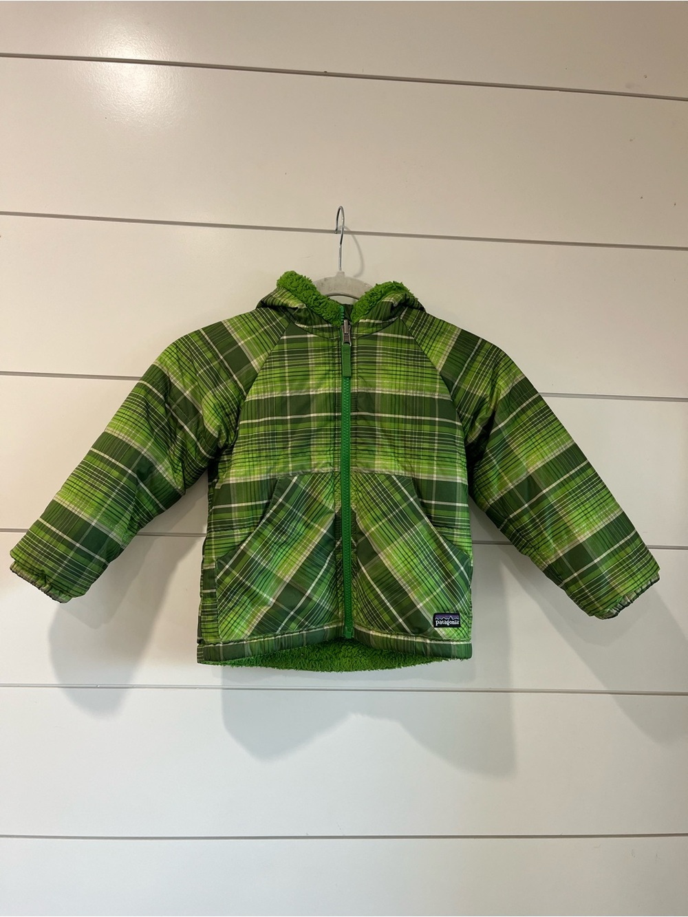 Patagonia Green Plaid Puffer Sherpa Kids Jacket